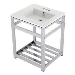 Kingston Brass 25 in. Ceramic Console Sink (4 in. in 3-Hole) with Stainless Steel Base in Chrome