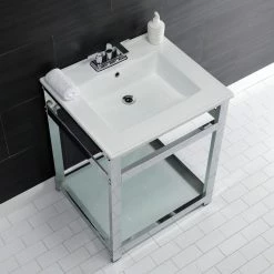 Kingston Brass 25 in. Ceramic Console Sink (4 in. in 3-Hole) with Stainless Steel Base in Chrome -Bathroom Sinks Sales white chrome kingston brass console sinks hvwp2522w4b1 4f 1000
