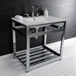 Kingston Brass 31 in. Ceramic Console Sink (8 in. in 3-Hole) with Stainless Steel Base in Chrome 13 Kingston Brass 31 in. Ceramic Console Sink (8 in. in 3-Hole) with Stainless Steel Base in Chrome -Bathroom Sinks Sales white chrome kingston brass console sinks hvwp3122w8a1 1f 1000