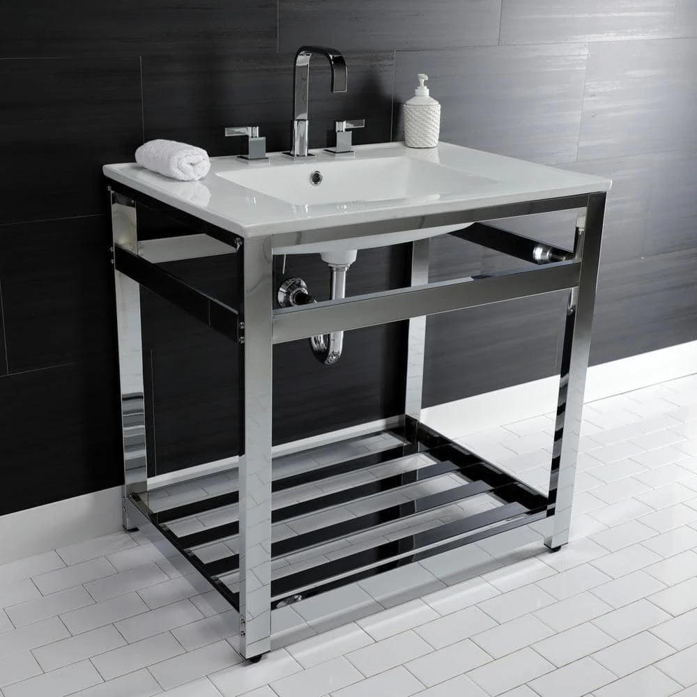 Kingston Brass 31 in. Ceramic Console Sink (8 in. in 3-Hole) with Stainless Steel Base in Chrome 6 Kingston Brass 31 in. Ceramic Console Sink (8 in. in 3-Hole) with Stainless Steel Base in Chrome - Image 4