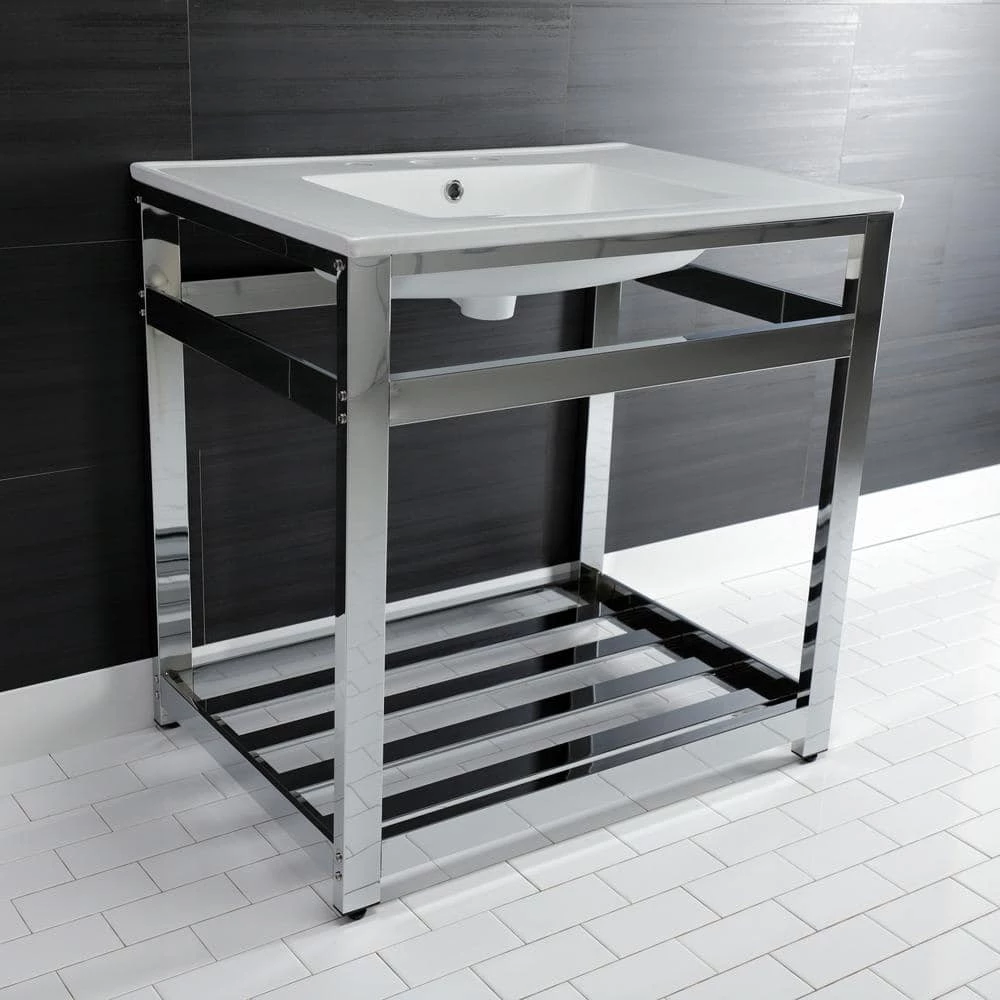 Kingston Brass 31 in. Ceramic Console Sink (8 in. in 3-Hole) with Stainless Steel Base in Chrome 10 Kingston Brass 31 in. Ceramic Console Sink (8 in. in 3-Hole) with Stainless Steel Base in Chrome - Image 8