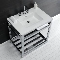 Kingston Brass 31 in. Ceramic Console Sink (8 in. in 3-Hole) with Stainless Steel Base in Chrome 12 Kingston Brass 31 in. Ceramic Console Sink (8 in. in 3-Hole) with Stainless Steel Base in Chrome -Bathroom Sinks Sales white chrome kingston brass console sinks hvwp3122w8a1 4f 1000