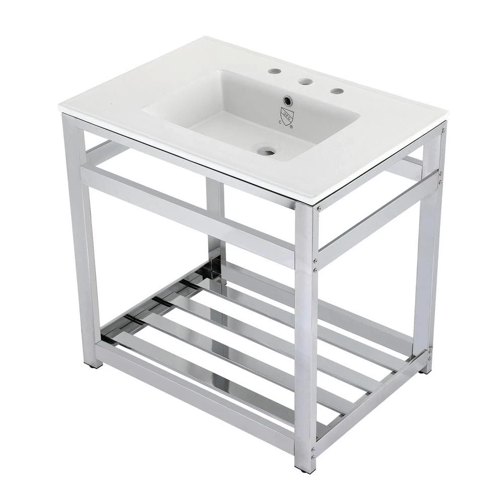 Kingston Brass 31 in. Ceramic Console Sink (8 in. in 3-Hole) with Stainless Steel Base in Chrome 3 Kingston Brass 31 in. Ceramic Console Sink (8 in. in 3-Hole) with Stainless Steel Base in Chrome