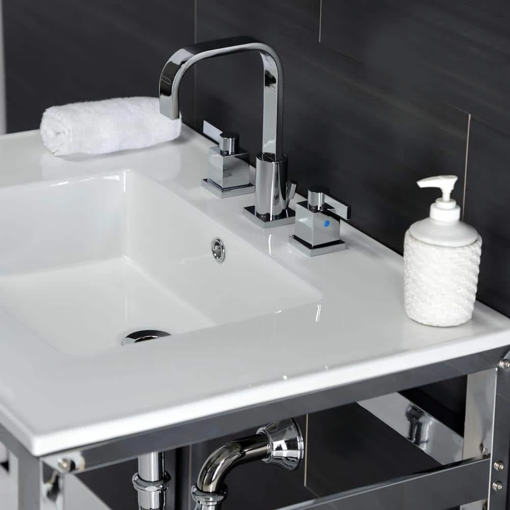 Kingston Brass 31 in. Ceramic Console Sink (8 in. in 3-Hole) with Stainless Steel Base in Chrome 4 Kingston Brass 31 in. Ceramic Console Sink (8 in. in 3-Hole) with Stainless Steel Base in Chrome - Image 2