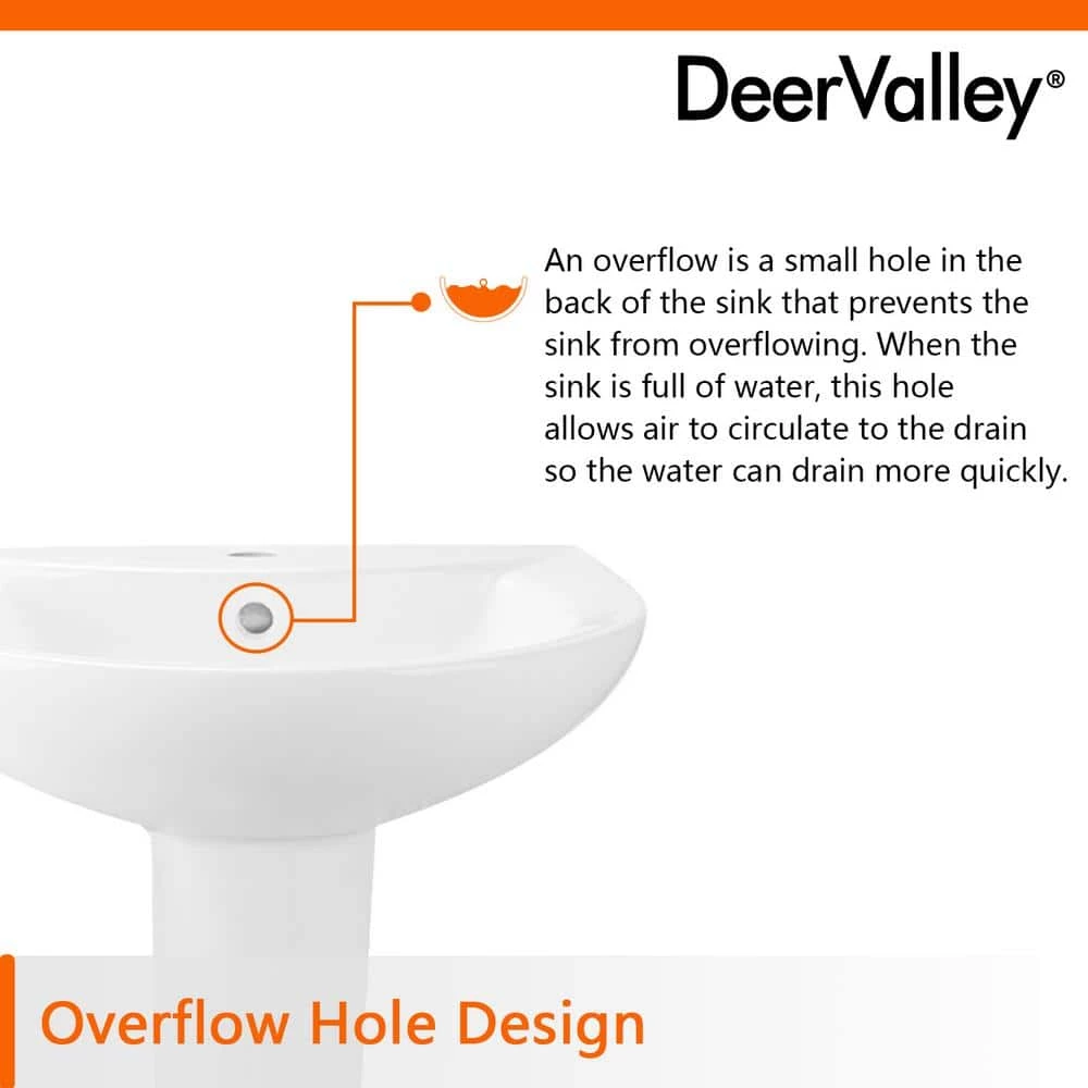DEERVALLEY 25 3/4 in. Tall U-Shape White Vitreous China Pedestal Bathroom Sink With Overflow 8 DEERVALLEY 25 3/4 in. Tall U-Shape White Vitreous China Pedestal Bathroom Sink With Overflow - Image 6