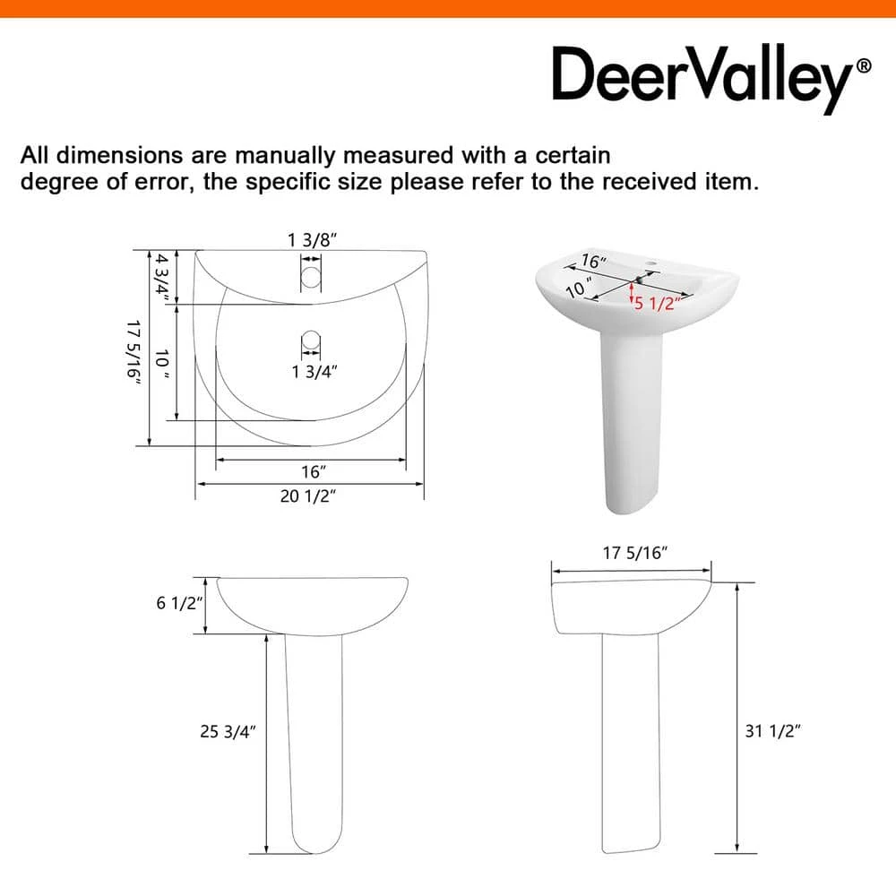 DEERVALLEY 25 3/4 in. Tall U-Shape White Vitreous China Pedestal Bathroom Sink With Overflow 12 DEERVALLEY 25 3/4 in. Tall U-Shape White Vitreous China Pedestal Bathroom Sink With Overflow - Image 10