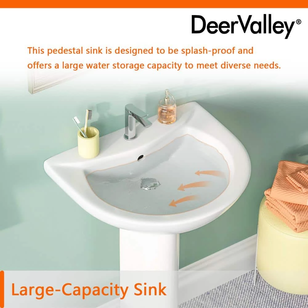 DEERVALLEY 25 3/4 in. Tall U-Shape White Vitreous China Pedestal Bathroom Sink With Overflow 7 DEERVALLEY 25 3/4 in. Tall U-Shape White Vitreous China Pedestal Bathroom Sink With Overflow - Image 5