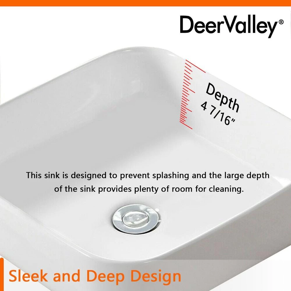 DEERVALLEY White Rectangular Bathroom Ceramic Vessel Sink Art Basin in White Not Included Facuet 11 DEERVALLEY White Rectangular Bathroom Ceramic Vessel Sink Art Basin in White Not Included Facuet - Image 9