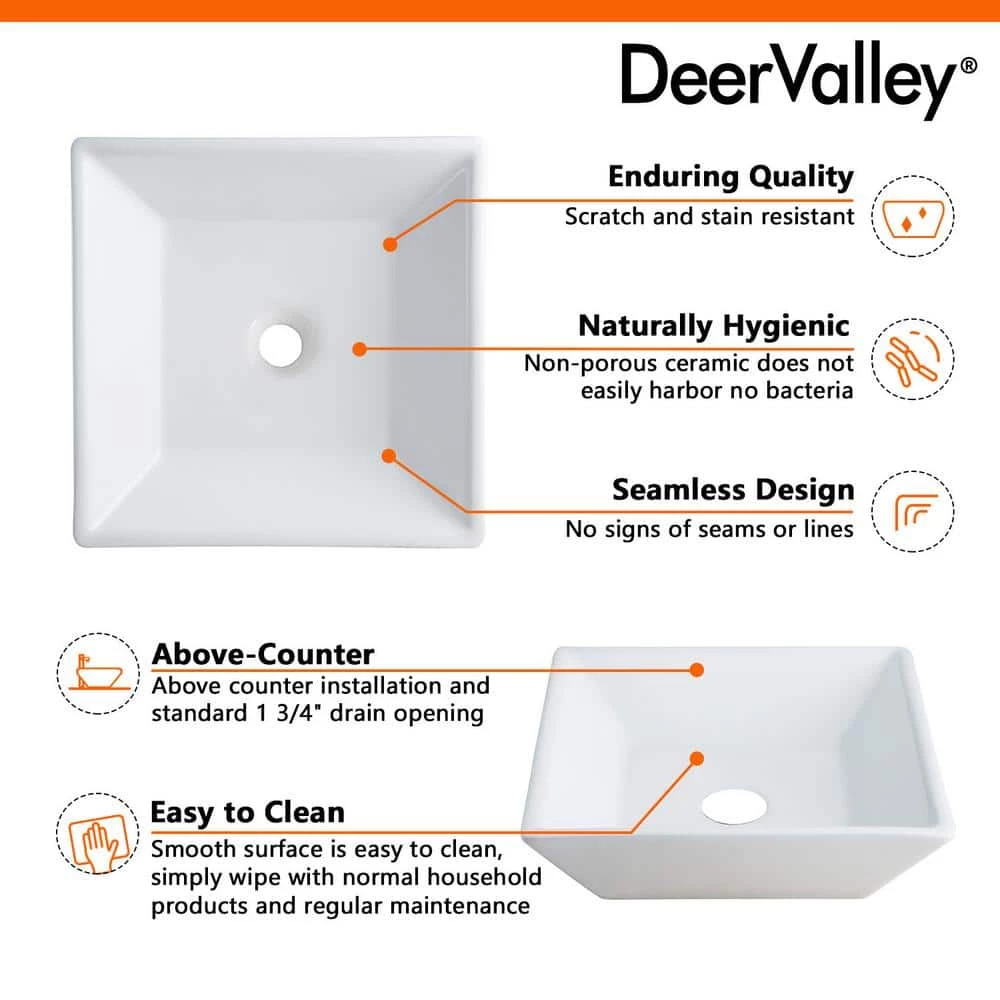 DEERVALLEY Classic Ceramic Square Vessel Sink in White 6 DEERVALLEY Classic Ceramic Square Vessel Sink in White - Image 4