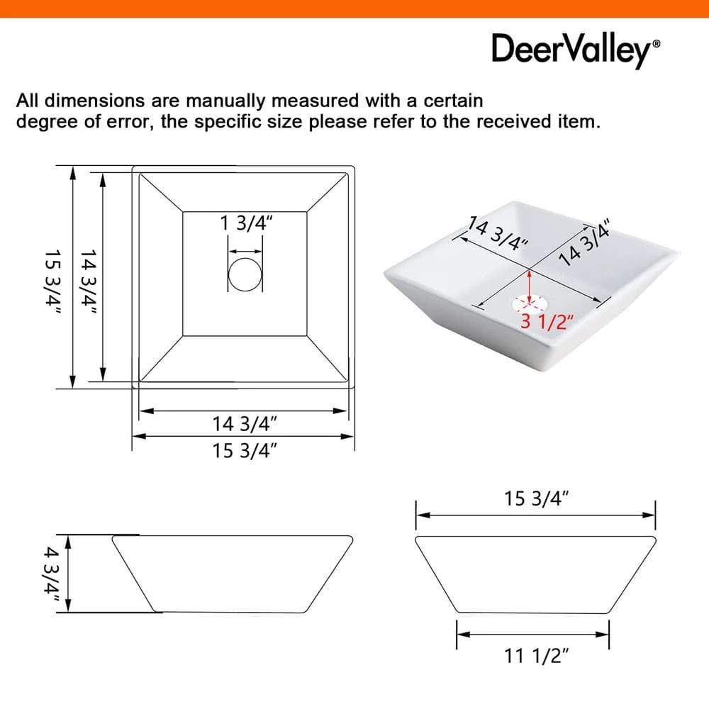 DEERVALLEY Classic Ceramic Square Vessel Sink in White 5 DEERVALLEY Classic Ceramic Square Vessel Sink in White - Image 3