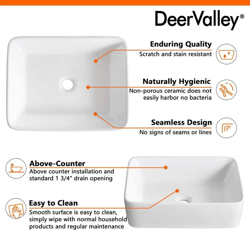 DEERVALLEY Rectangular Bathroom Ceramic Vessel Sink Art Basin in White 9 DEERVALLEY Rectangular Bathroom Ceramic Vessel Sink Art Basin in White - Image 7