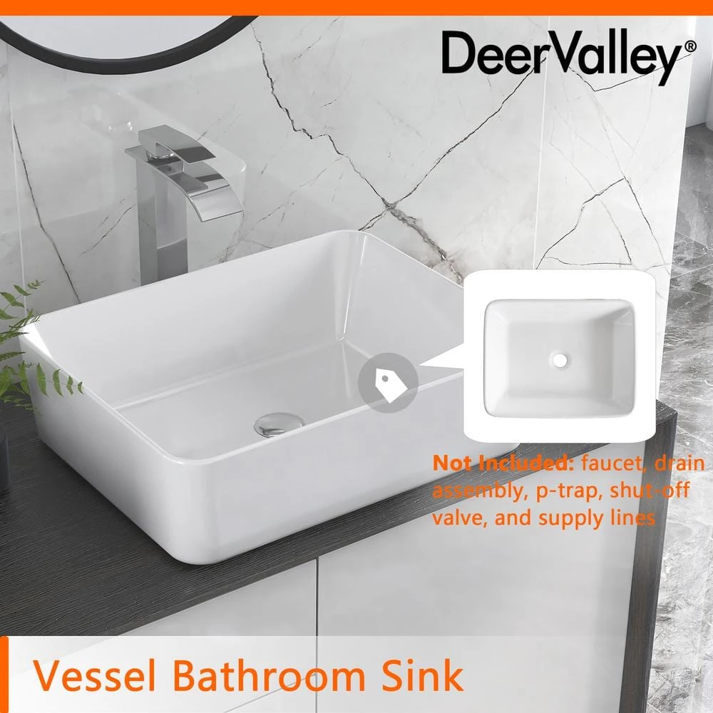 DEERVALLEY Rectangular Bathroom Ceramic Vessel Sink Art Basin in White 14 DEERVALLEY Rectangular Bathroom Ceramic Vessel Sink Art Basin in White - Image 12