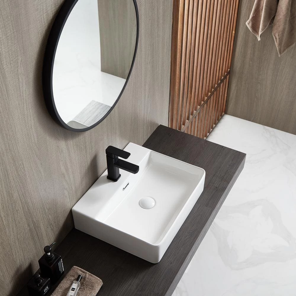 Eridanus Modern White 19 in. Vessel Sink in Ceramic Rectangular Bathroom Cloakroom Sink with Overflow 8 Eridanus Modern White 19 in. Vessel Sink in Ceramic Rectangular Bathroom Cloakroom Sink with Overflow - Image 6