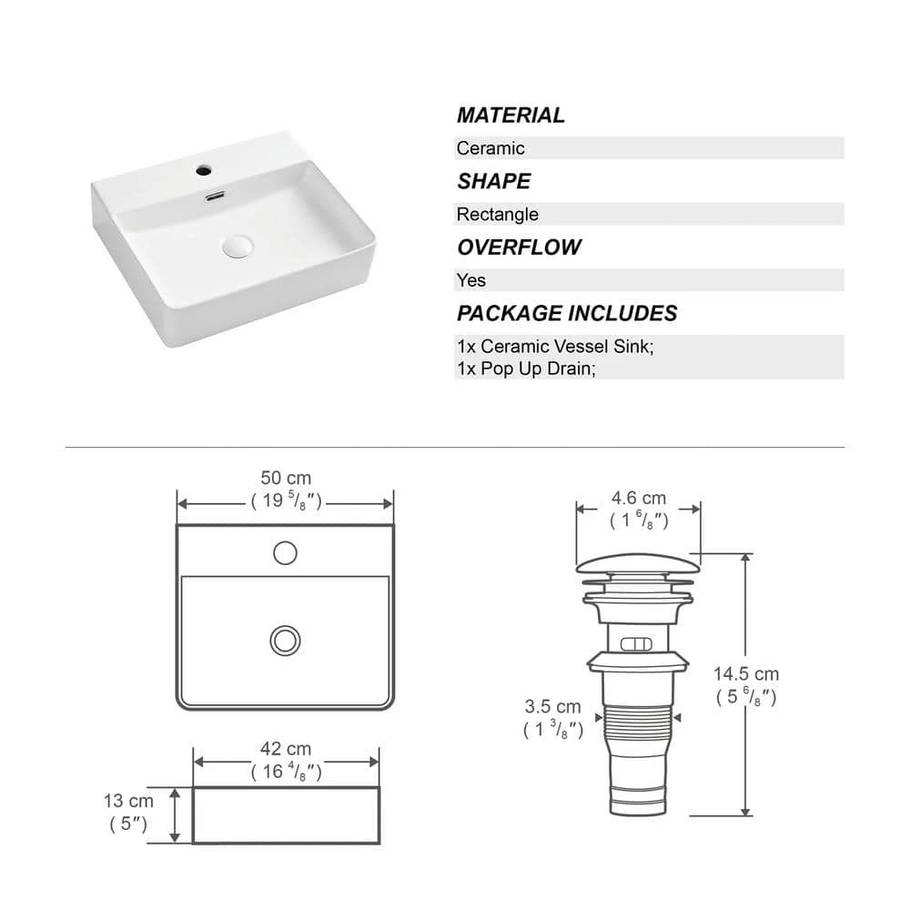 Eridanus Modern White 19 in. Vessel Sink in Ceramic Rectangular Bathroom Cloakroom Sink with Overflow 5 Eridanus Modern White 19 in. Vessel Sink in Ceramic Rectangular Bathroom Cloakroom Sink with Overflow - Image 3