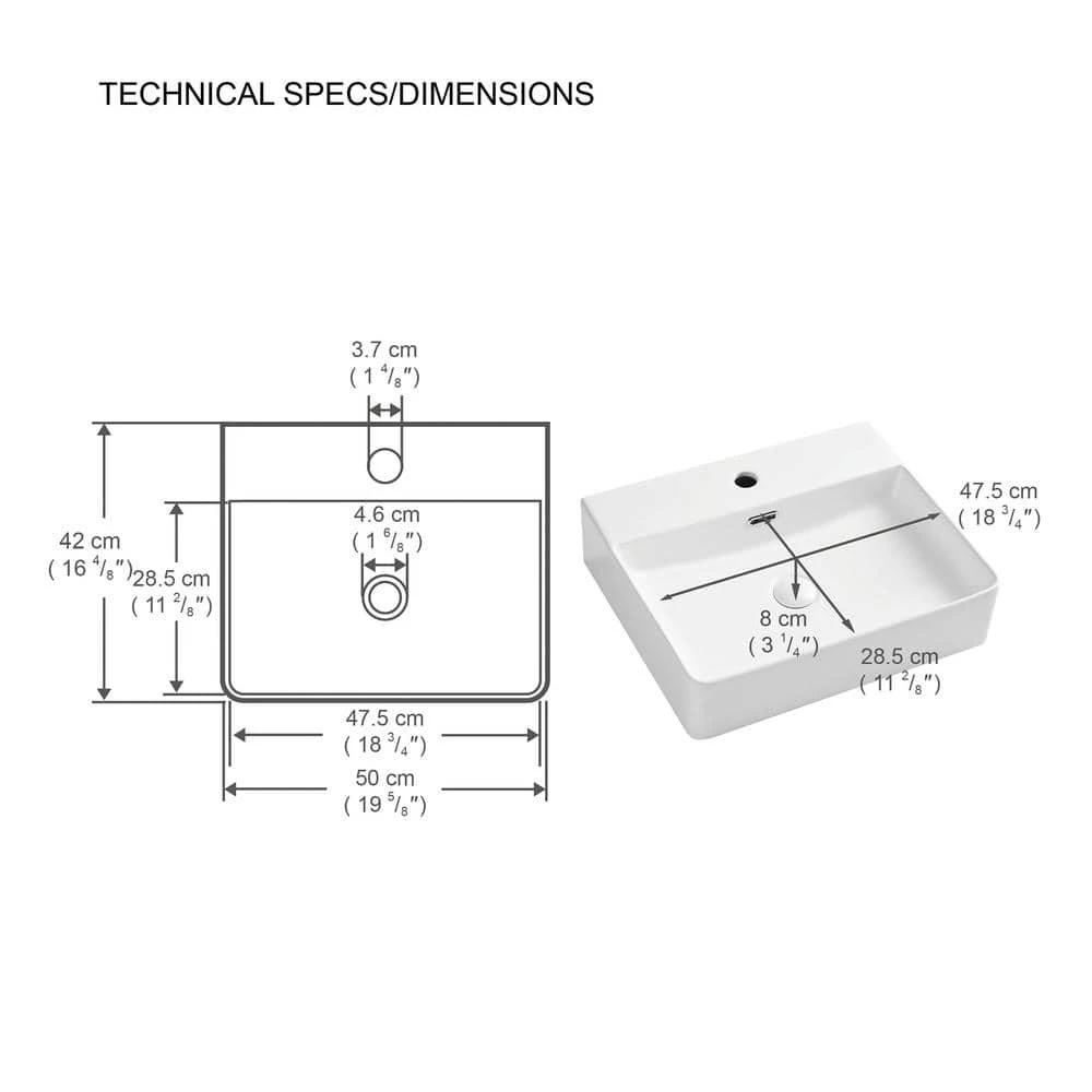 Eridanus Modern White 19 in. Vessel Sink in Ceramic Rectangular Bathroom Cloakroom Sink with Overflow 12 Eridanus Modern White 19 in. Vessel Sink in Ceramic Rectangular Bathroom Cloakroom Sink with Overflow - Image 10