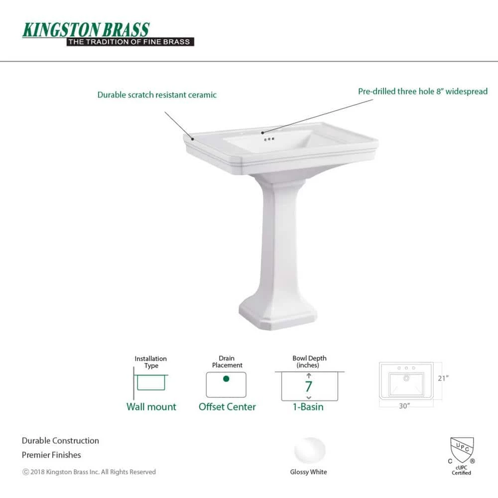 Kingston Brass Victorian Pedestal Combo Bathroom Sink in White with 8 in. Widespread 4 Kingston Brass Victorian Pedestal Combo Bathroom Sink in White with 8 in. Widespread - Image 2