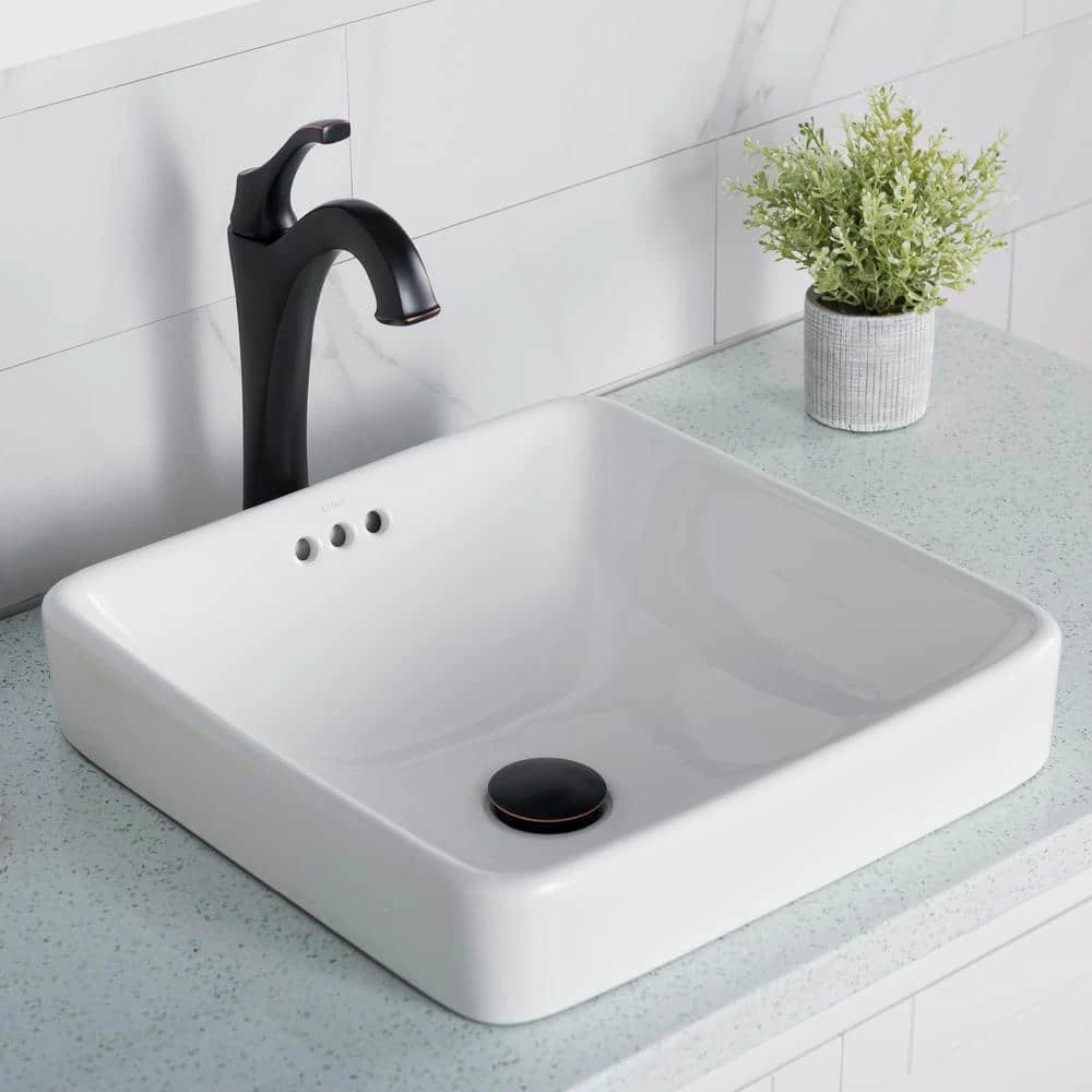 KRAUS Elavo Series Square Ceramic Semi-Recessed Bathroom Sink in White with Overflow 5 KRAUS Elavo Series Square Ceramic Semi-Recessed Bathroom Sink in White with Overflow - Image 3