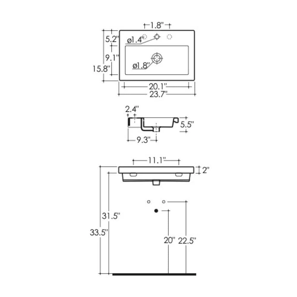 Nameeks Seie 40 Wall Mounted Ceramic Vessel Bathroom Sink in White with 3 Faucet Holes 4 Nameeks Seie 40 Wall Mounted Ceramic Vessel Bathroom Sink in White with 3 Faucet Holes - Image 2