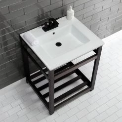 Kingston Brass 25 in. Ceramic Console Sink (4 in. in 3-Hole) with Stainless Steel Base in Oil Rubbed Bronze -Bathroom Sinks Sales white oil rubbed bronze kingston brass console sinks hvwp2522w4a5 4f 1000