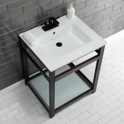 Kingston Brass 25 in. Ceramic Console Sink (4 in. in 3-Hole) with Stainless Steel Base in Oil Rubbed Bronze -Bathroom Sinks Sales white oil rubbed bronze kingston brass console sinks hvwp2522w4b5 4f 1000
