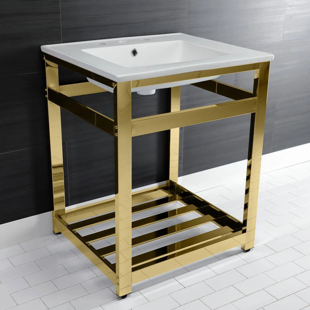 Kingston Brass 25 in. Ceramic Console Sink (8 in. in 3-Hole) with Stainless Steel Base in Polished Brass 10 Kingston Brass 25 in. Ceramic Console Sink (8 in. in 3-Hole) with Stainless Steel Base in Polished Brass - Image 8