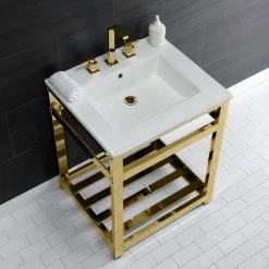Kingston Brass 25 in. Ceramic Console Sink (8 in. in 3-Hole) with Stainless Steel Base in Polished Brass 12 Kingston Brass 25 in. Ceramic Console Sink (8 in. in 3-Hole) with Stainless Steel Base in Polished Brass -Bathroom Sinks Sales white polished brass kingston brass console sinks hvwp2522w8a2 4f 1000
