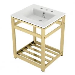Kingston Brass 25 in. Ceramic Console Sink (8 in. in 3-Hole) with Stainless Steel Base in Polished Brass