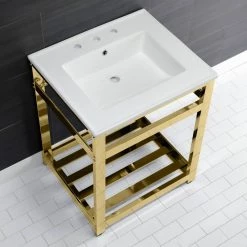 Kingston Brass 25 in. Ceramic Console Sink (8 in. in 3-Hole) with Stainless Steel Base in Polished Brass 16 Kingston Brass 25 in. Ceramic Console Sink (8 in. in 3-Hole) with Stainless Steel Base in Polished Brass -Bathroom Sinks Sales white polished brass kingston brass console sinks hvwp2522w8a2 76 1000