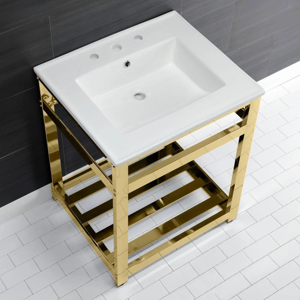 Kingston Brass 25 in. Ceramic Console Sink (8 in. in 3-Hole) with Stainless Steel Base in Polished Brass 9 Kingston Brass 25 in. Ceramic Console Sink (8 in. in 3-Hole) with Stainless Steel Base in Polished Brass - Image 7