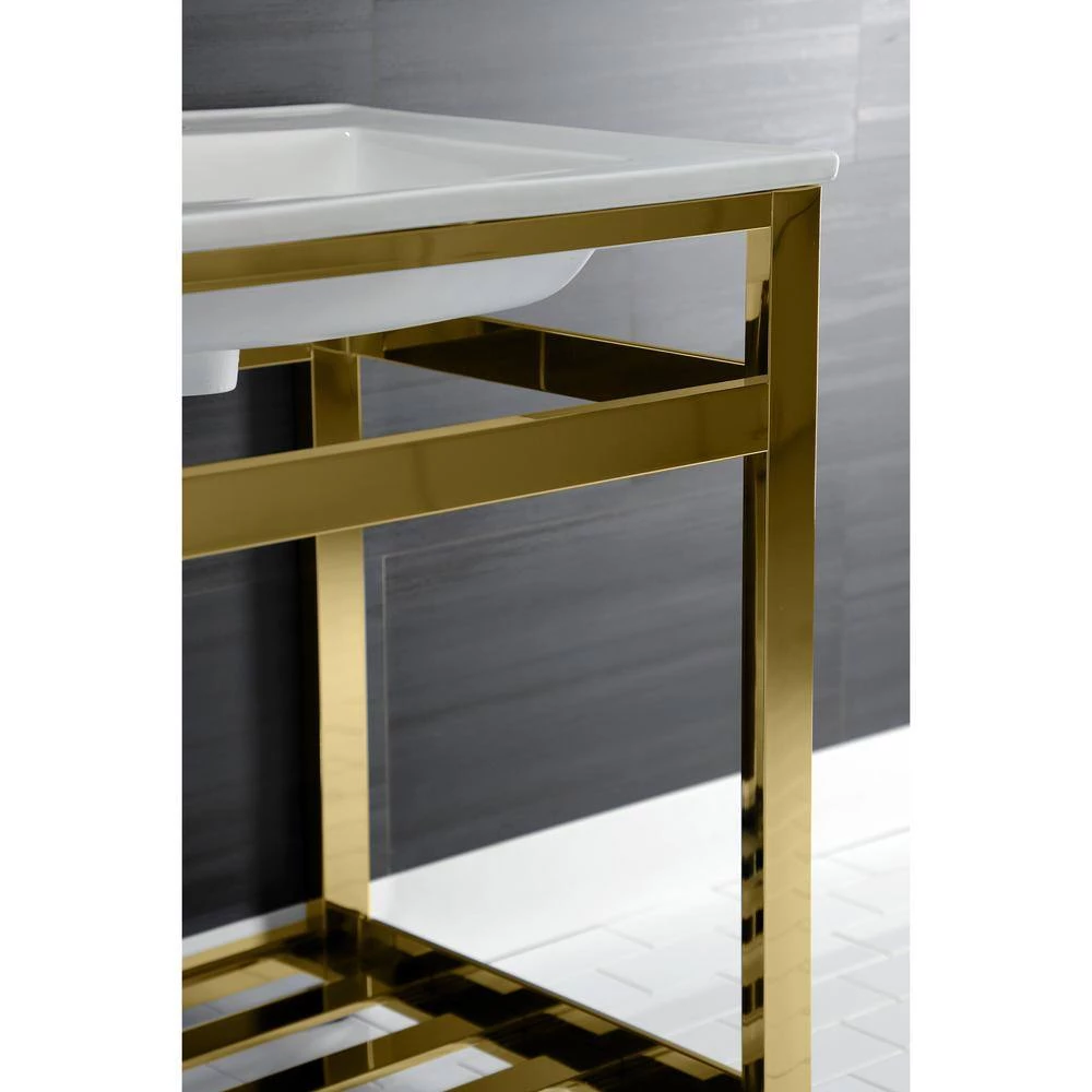Kingston Brass 25 in. Ceramic Console Sink (8 in. in 3-Hole) with Stainless Steel Base in Polished Brass 8 Kingston Brass 25 in. Ceramic Console Sink (8 in. in 3-Hole) with Stainless Steel Base in Polished Brass - Image 6