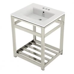 Kingston Brass 25 in. Ceramic Console Sink (4 in. in 3-Hole) with Stainless Steel Base in Polished Nickel