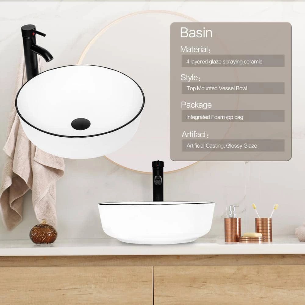 Puluomis White Ceramic Round Vessel Sink with Black Edges Design with Faucet Pop Up Drain Set 6 Puluomis White Ceramic Round Vessel Sink with Black Edges Design with Faucet Pop Up Drain Set - Image 4