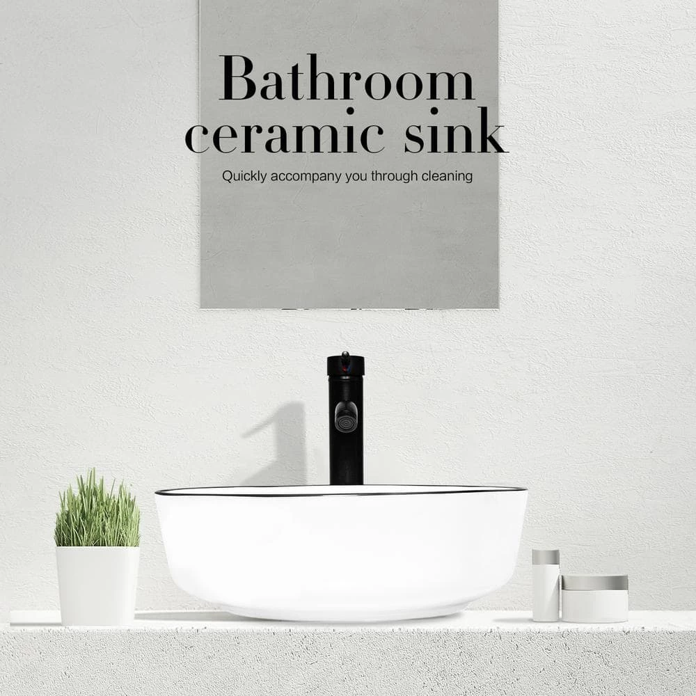 Puluomis White Ceramic Round Vessel Sink with Black Edges Design with Faucet Pop Up Drain Set 10 Puluomis White Ceramic Round Vessel Sink with Black Edges Design with Faucet Pop Up Drain Set - Image 8