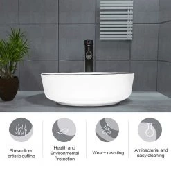 Puluomis White Ceramic Round Vessel Sink with Black Edges Design with Faucet Pop Up Drain Set 14 Puluomis White Ceramic Round Vessel Sink with Black Edges Design with Faucet Pop Up Drain Set -Bathroom Sinks Sales white puluomis vessel sinks us bg1010 44 1000