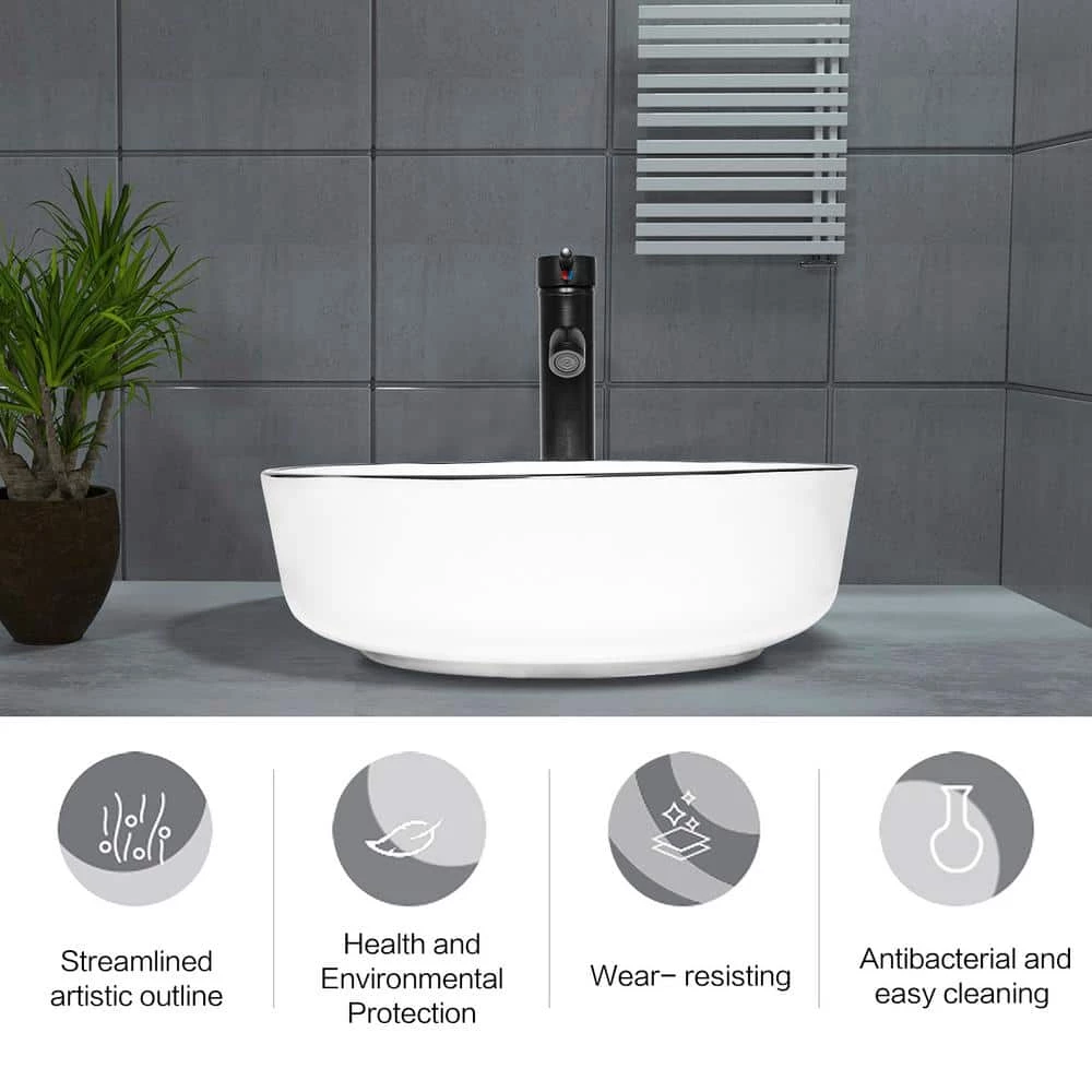 Puluomis White Ceramic Round Vessel Sink with Black Edges Design with Faucet Pop Up Drain Set 7 Puluomis White Ceramic Round Vessel Sink with Black Edges Design with Faucet Pop Up Drain Set - Image 5