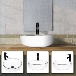 Puluomis White Ceramic Round Vessel Sink with Black Edges Design with Faucet Pop Up Drain Set 12 Puluomis White Ceramic Round Vessel Sink with Black Edges Design with Faucet Pop Up Drain Set -Bathroom Sinks Sales white puluomis vessel sinks us bg1010 4f 1000