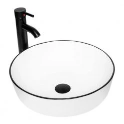 Puluomis White Ceramic Round Vessel Sink with Black Edges Design with Faucet Pop Up Drain Set