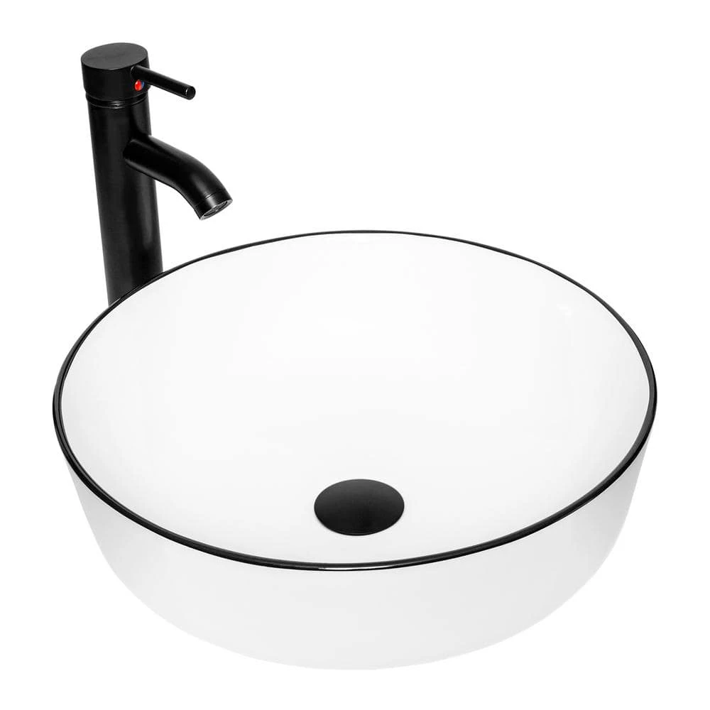 Puluomis White Ceramic Round Vessel Sink with Black Edges Design with Faucet Pop Up Drain Set 3 Puluomis White Ceramic Round Vessel Sink with Black Edges Design with Faucet Pop Up Drain Set