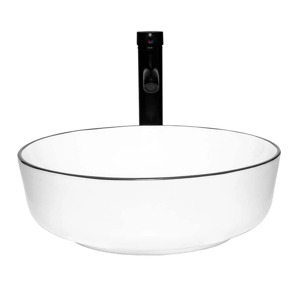 Puluomis White Ceramic Round Vessel Sink with Black Edges Design with Faucet Pop Up Drain Set 4 Puluomis White Ceramic Round Vessel Sink with Black Edges Design with Faucet Pop Up Drain Set - Image 2