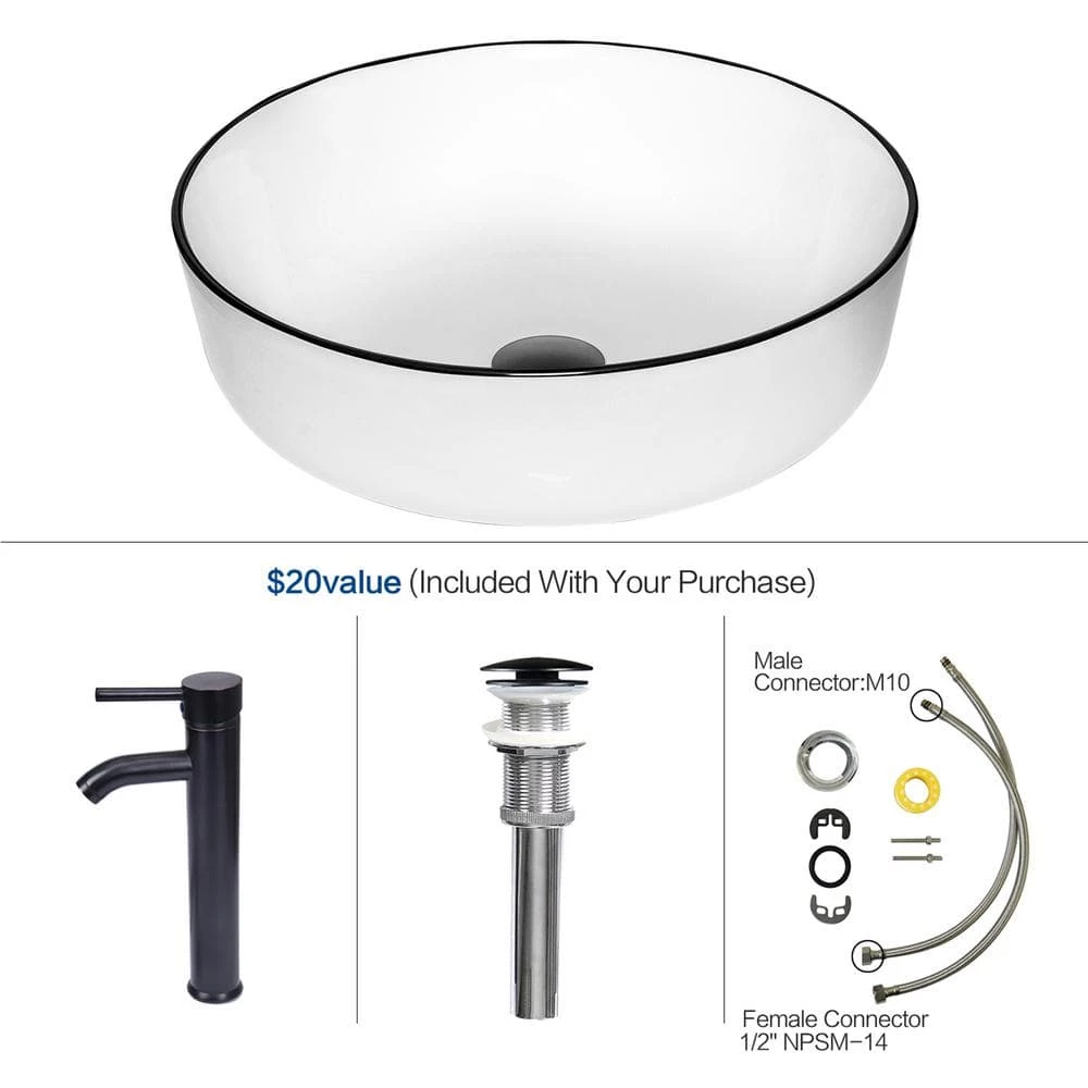 Puluomis White Ceramic Round Vessel Sink with Black Edges Design with Faucet Pop Up Drain Set 8 Puluomis White Ceramic Round Vessel Sink with Black Edges Design with Faucet Pop Up Drain Set - Image 6