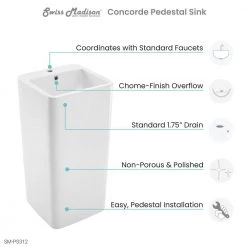Swiss Madison Concorde 1-Piece Glossy White Ceramic Square Pedestal Sink 21 Swiss Madison Concorde 1-Piece Glossy White Ceramic Square Pedestal Sink -Bathroom Sinks Sales white swiss madison pedestal sinks sm ps312 c3 1000