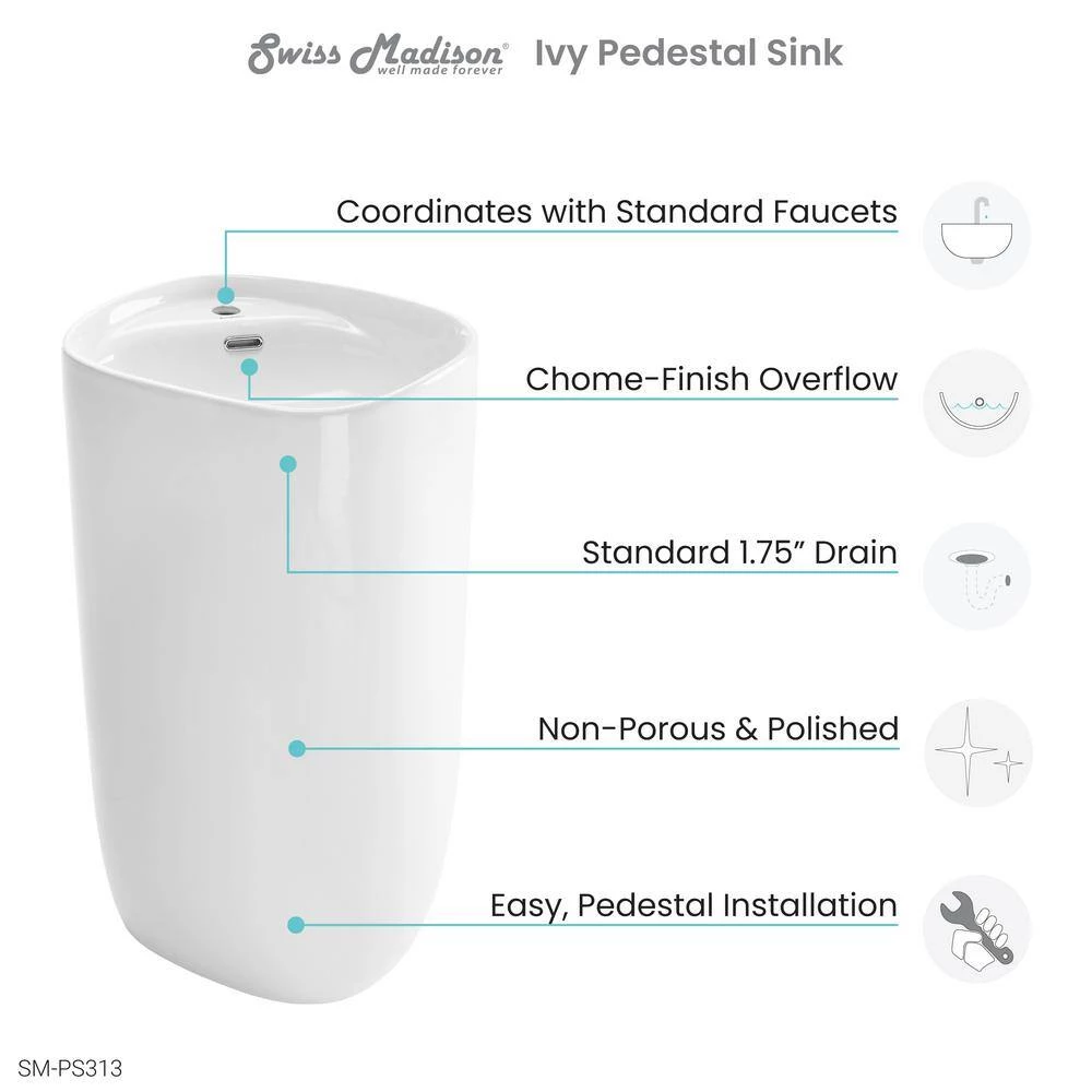 Swiss Madison Ivy 1-Piece Glossy White Ceramic Square Pedestal Sink 10 Swiss Madison Ivy 1-Piece Glossy White Ceramic Square Pedestal Sink - Image 8