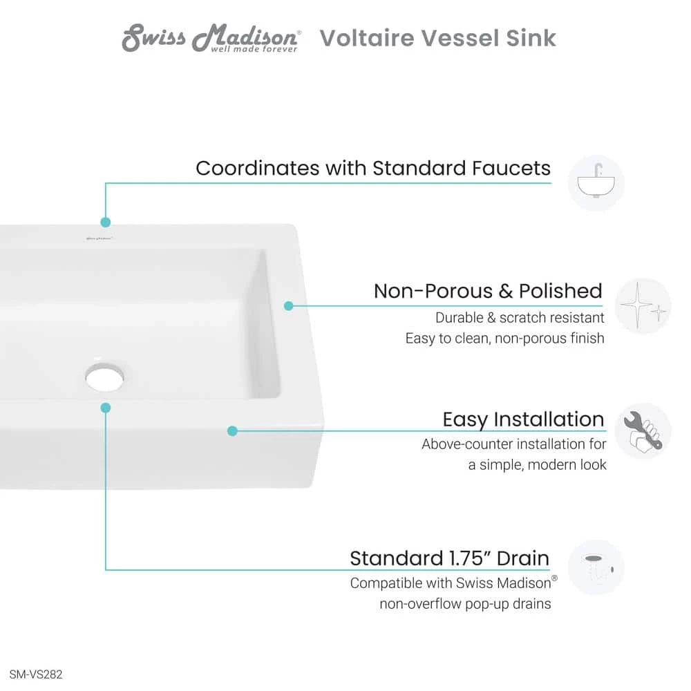 Swiss Madison Voltaire Ceramic Rectangle Vessel Sink in White 9 Swiss Madison Voltaire Ceramic Rectangle Vessel Sink in White - Image 7