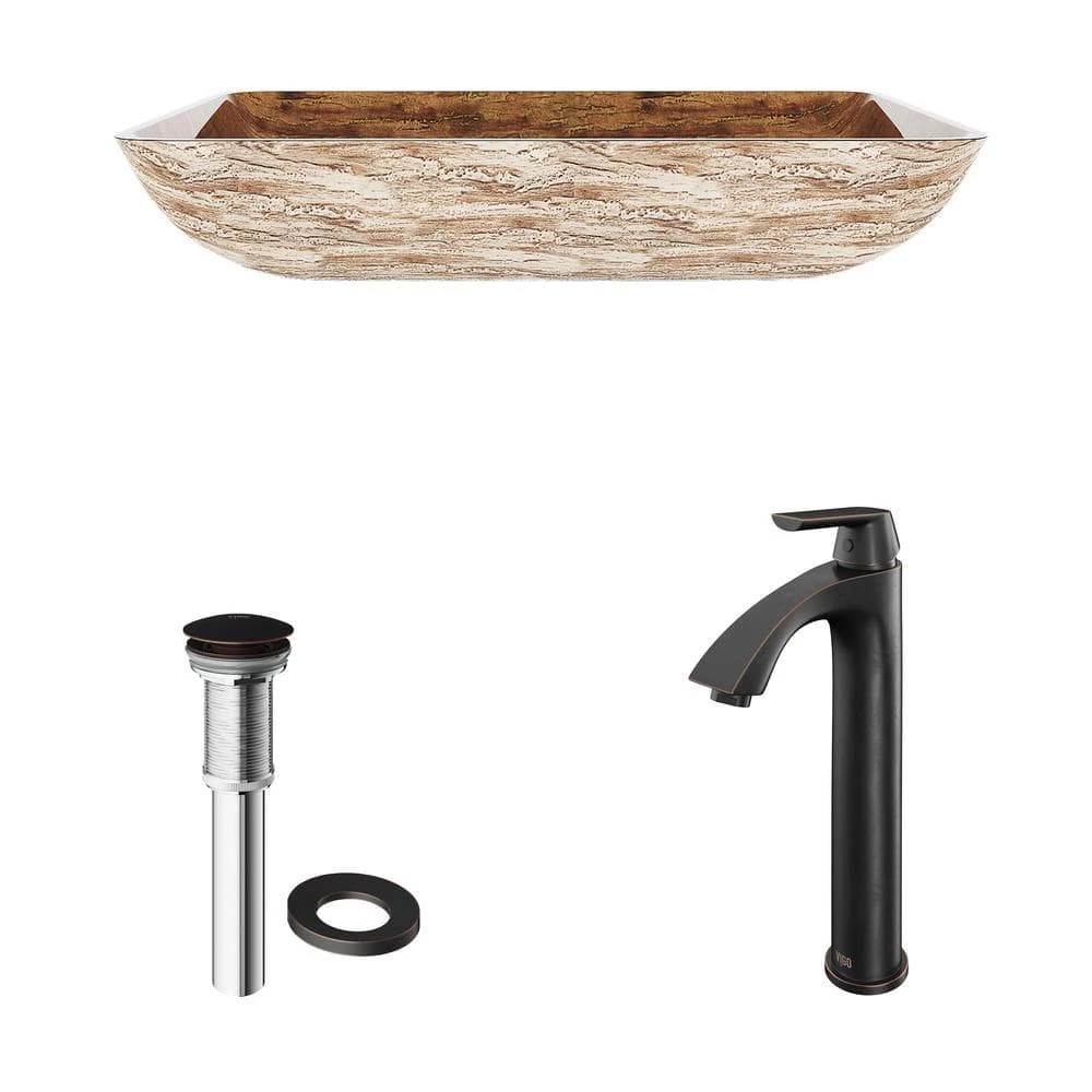 VIGO Glass Rectangular Vessel Bathroom Sink in Wooden Brown with Linus Faucet and Pop-Up Drain in Antique Rubbed Bronze 6 VIGO Glass Rectangular Vessel Bathroom Sink in Wooden Brown with Linus Faucet and Pop-Up Drain in Antique Rubbed Bronze - Image 4